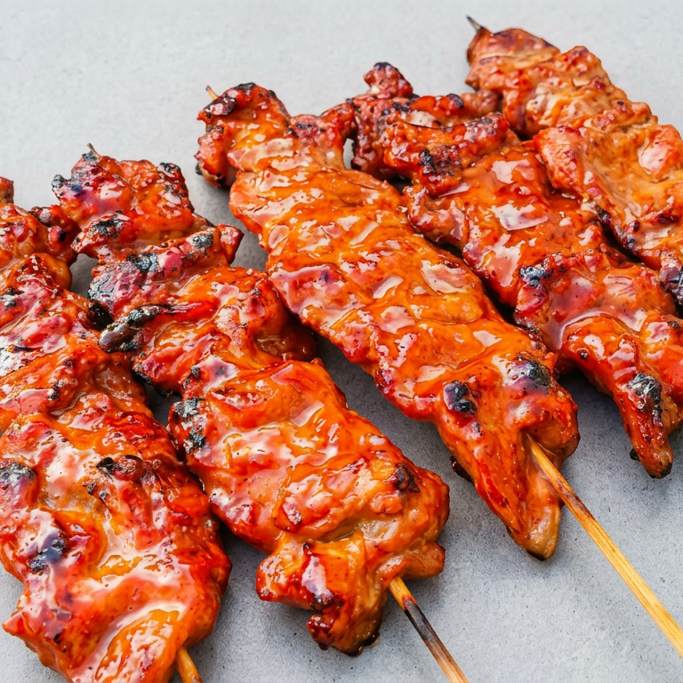 Glazed, charred chicken skewers arranged on a light gray surface.
