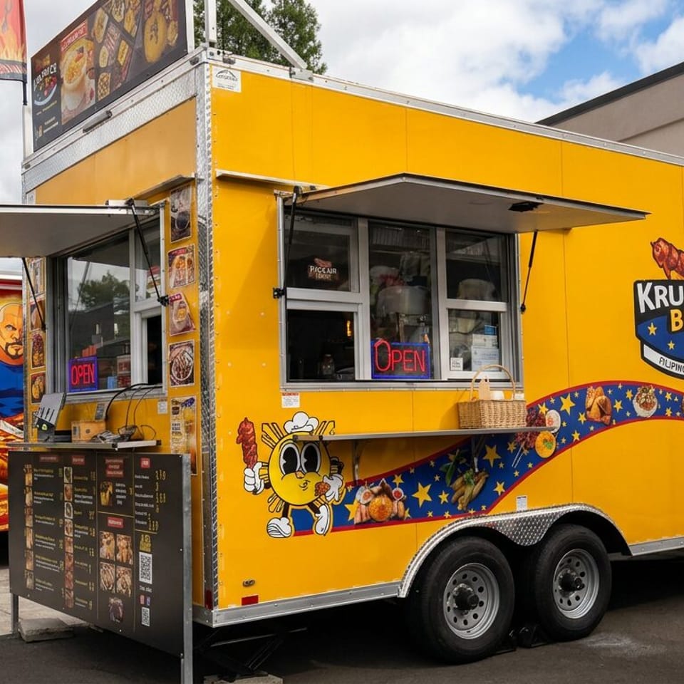 Bright yellow Krunchh Bliss Filipino barbecue and lumpia food truck parked outside a building, with service windows open.