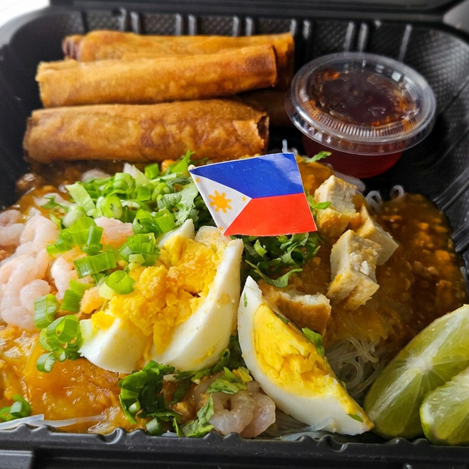 Filipino noodle dish topped with shrimp, egg, herbs, lime wedges, spring rolls, dipping sauce, and a Philippine flag.