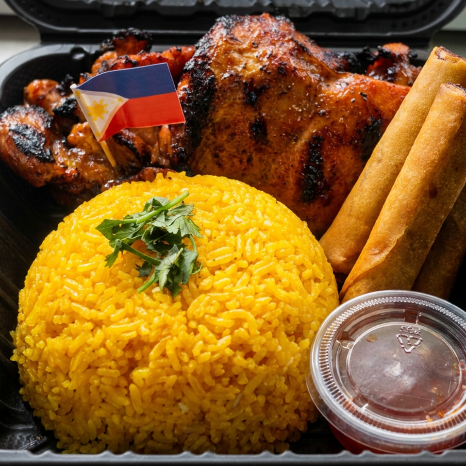 Takeout container featuring grilled chicken, golden rice topped with cilantro, spring rolls, dipping sauce, and a small flag.